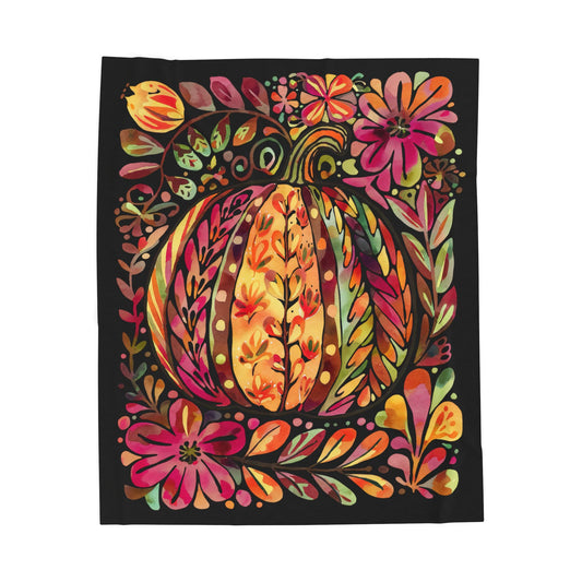 Cozy Halloween Pumpkins and Florals Velveteen Plush Blanket